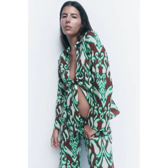 NWT Zara Printed Mid Rise Straight Leg 100% Cotton Pants, Size XS - Picture 3 of 13